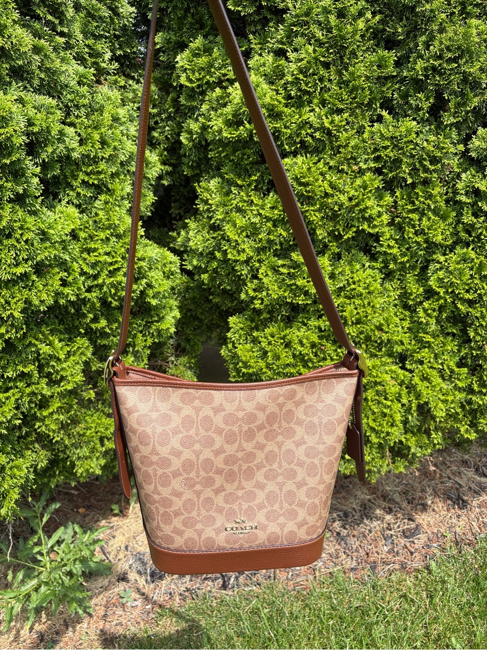 Coach Tan Signature Canvas Shoulder Bag with Brown Trim